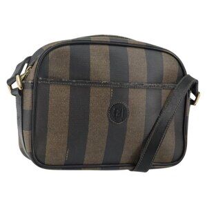 Authentic FENDI Pecan Canvas Shoulder Bag PVC Black Brown gold